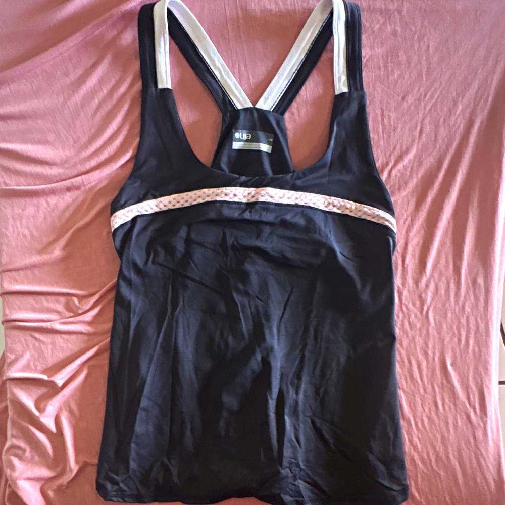 Lija Womens Black Racerback Activewear Tank Top Pink White Trim Size Large